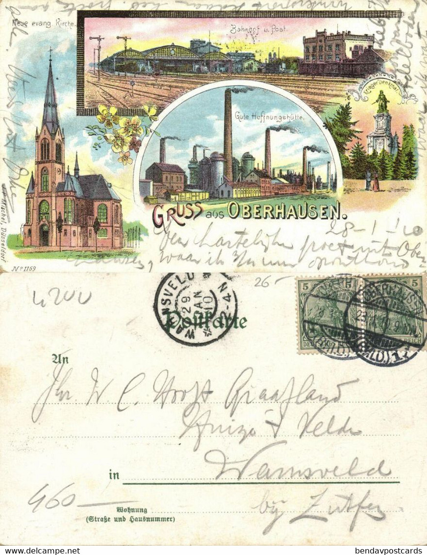 OBERHAUSEN, Bahnhof U. Post, Gute Hoffnungshütte, Kirche (1900s) Litho-AK - Oberhausen