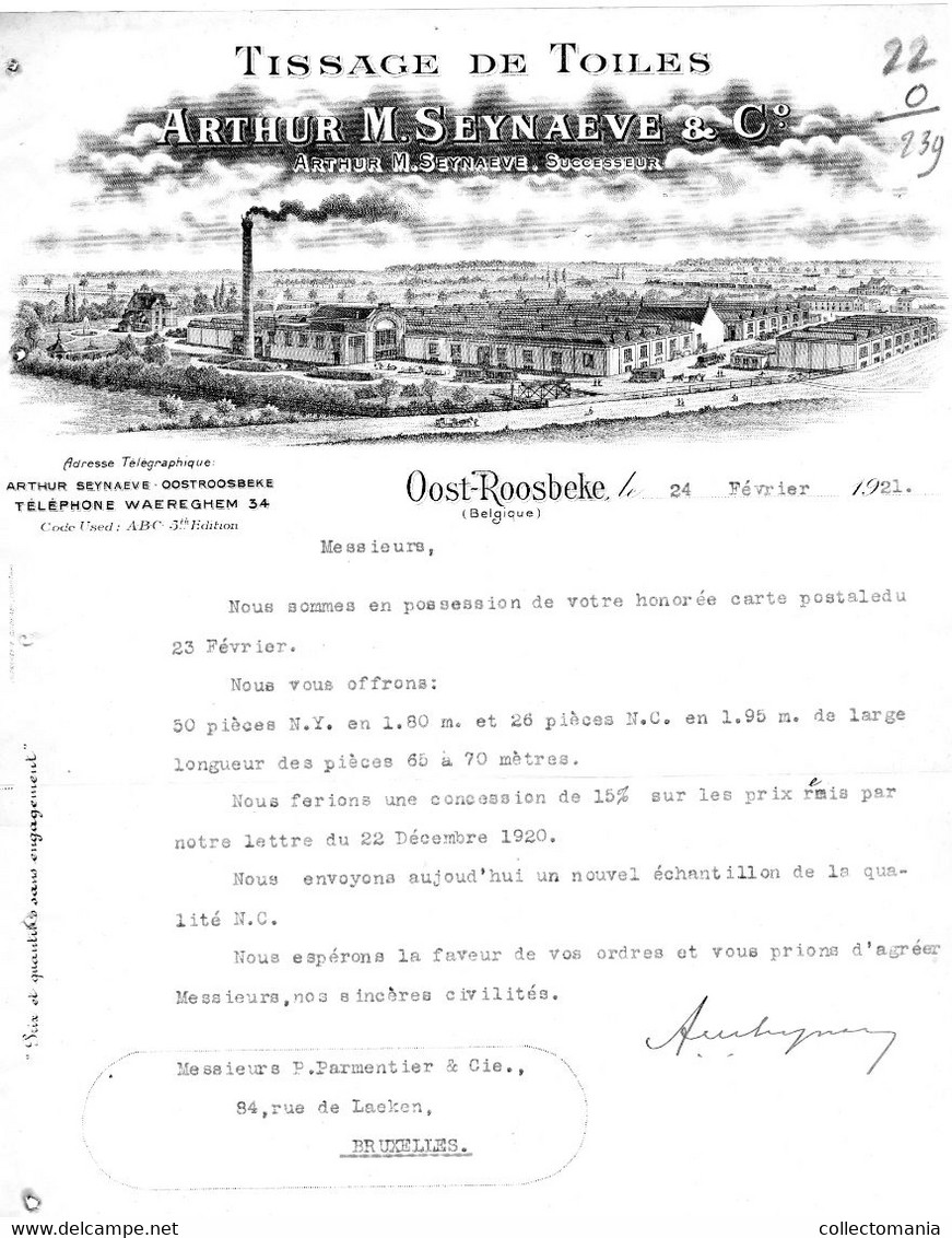Fabriek WAREGEM  1 Facture Tissage De Toiles Arthur M. Seynaeve & C° OOST ROOSBEKE 1921 Waereghem Tenten Zeilen - Textile & Clothing