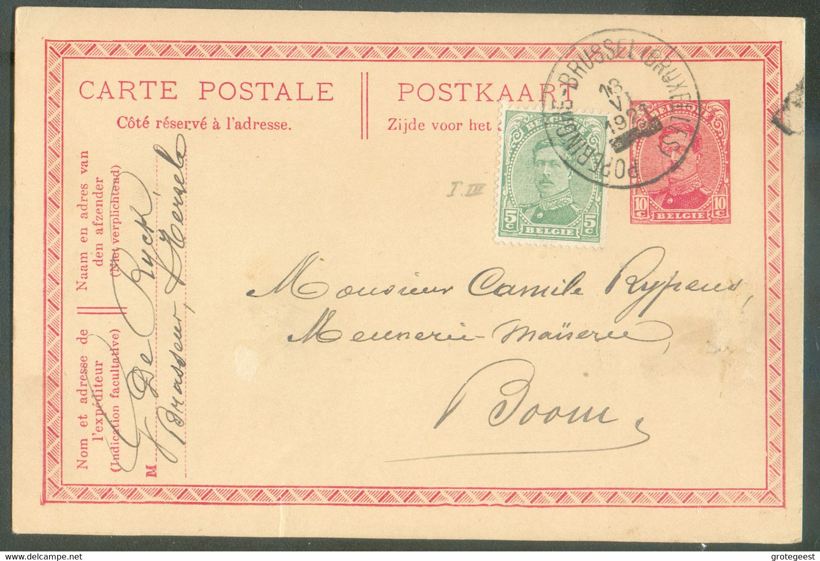 AMBULANT N°137 En Complément Sur E.P. Carte 10 Centimes Em. 1915, Obl; Sc AMBULANT POPERINGHE-BRUSSEL (BRUXELLES) du 19 - Ambulants
