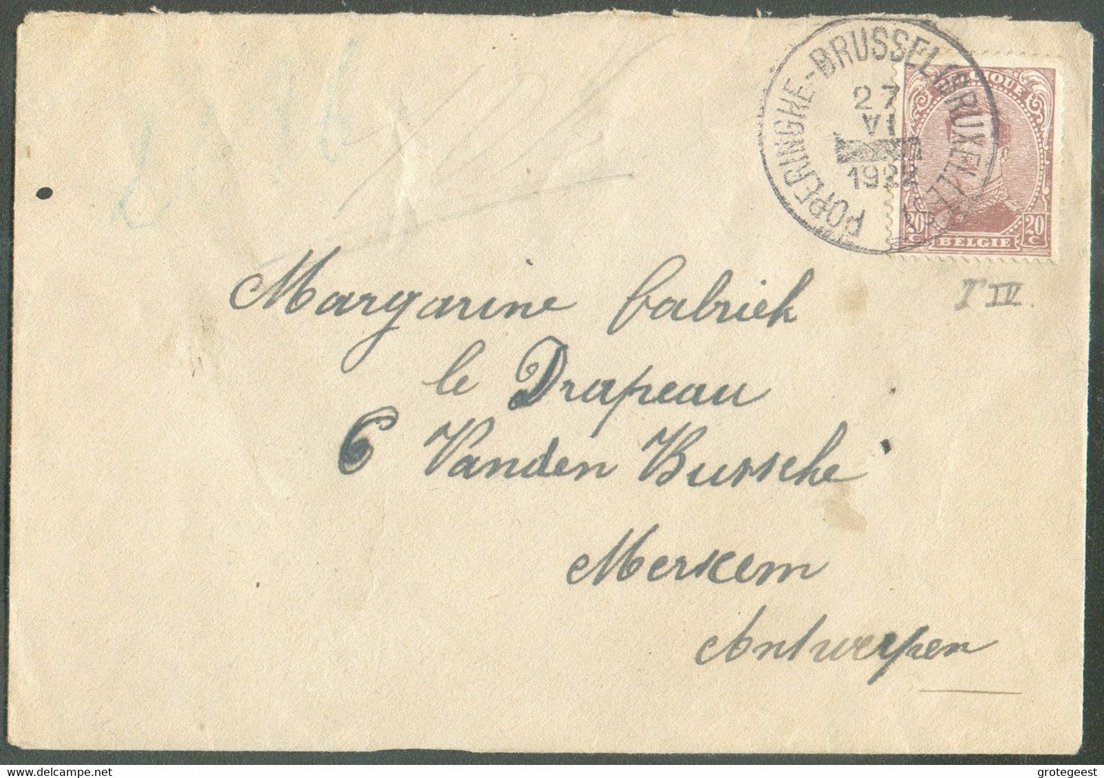 AMBULANT N°140 - 20 Centimes Em. 1915, Obl; Sc AMBULANT POPERINGHE-BRUSSEL (BRUXELLES) Sur Lettre du 27-I-1922 Vers Merx - Ambulanti