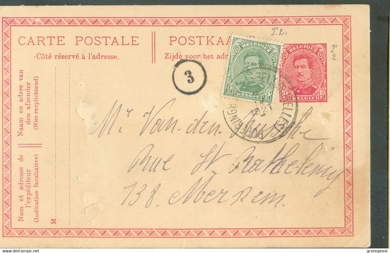 AMBULANT N°137 En Complément Sur E.P. Carte 10 Centimes Em. 1915, Obl; Sc AMBULANT POPERINGHE-BRUSSEL (BRUXELLES) du 9-I - Ambulanti