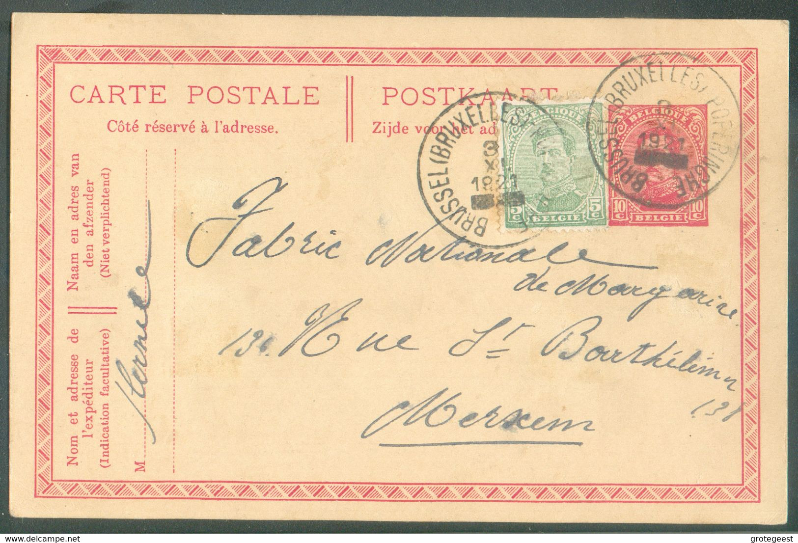 AMBULANT N°137 En Complément Sur E.P. Carte 10 Centimes Em. 1915, Obl; Sc AMBULANT BRUSSEL (BRUXELLES)-POPERINGHE du 3-X - Ambulanti