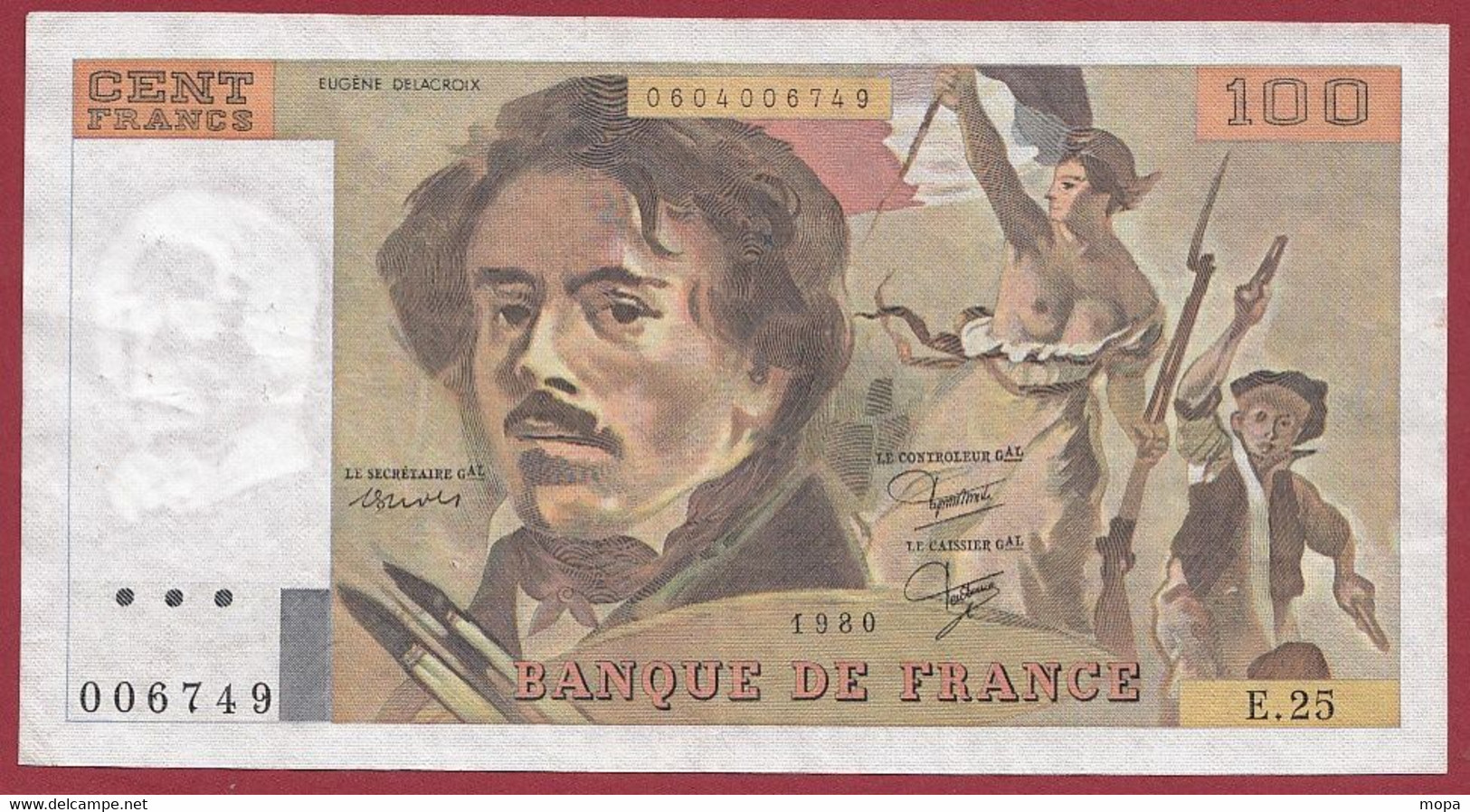 100 Francs "Delacroix" -----1980------ALPH .E.25-- (006749- Petit Numéro)-----DANS L ETAT - 100 F 1978-1995 ''Delacroix''