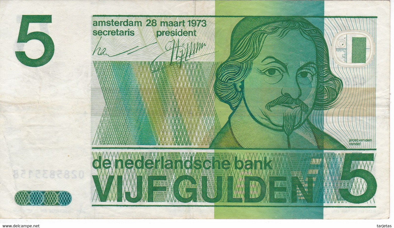 BILLETE DE HOLANDA DE 5 GULDEN DEL AÑO 1973  (BANKNOTE) VONDEL - 5 Gulden