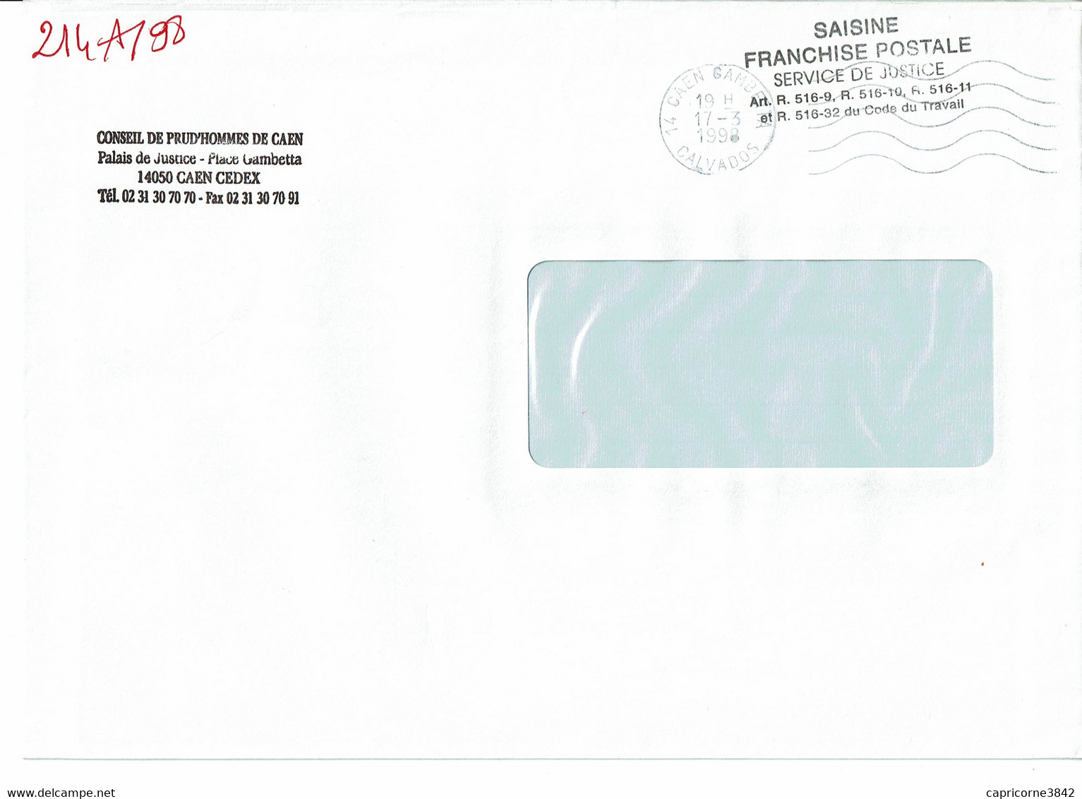 1998 - Lettre Envoyée En SAISINE FRANCHISE POSTALE - SERVICE DE JUSTICE - Conseil De Prud-hommes De Caen - Civil Frank Covers