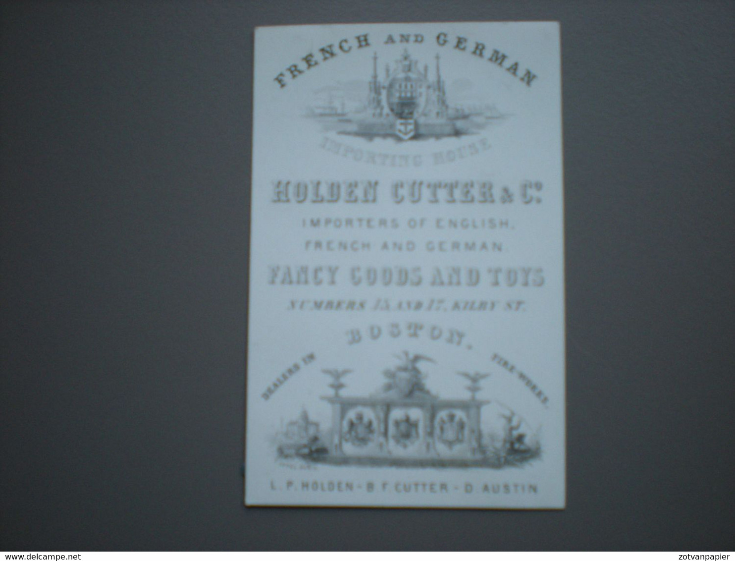 BOSTON - HOLDEN CUTTER & CIE - FANCY GOODS AND TOYS, DEALERS IN FIRE-WORKS - BUSINESS CARD 5.5 X 8.5 - Boston