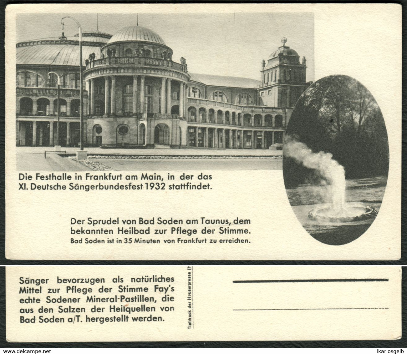 Frankfurt Festhalle 1932 + Brunnen Soden " 11. Sängerbundfest " Werbekarte Fa Fay's Mineral-Pastillen Bad Soden Taunus - Bad Soden