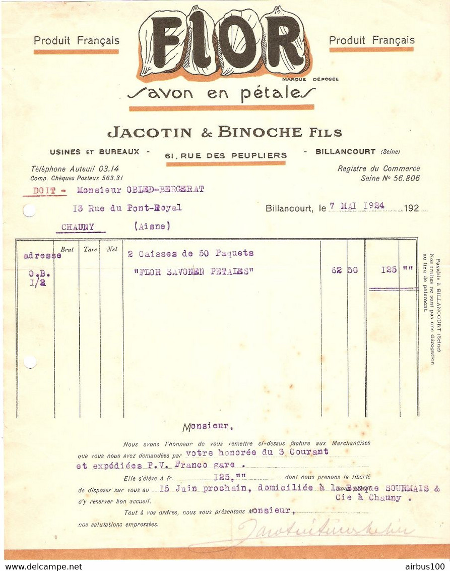 FACTURE 1924 - JACOTIN & BINOCHE FLOR SAVON EN PÉTALES PRODUIT FRANCAIS - 61 RUE DES PEUPLIERS BILLANCOURT - Droguerie & Parfumerie