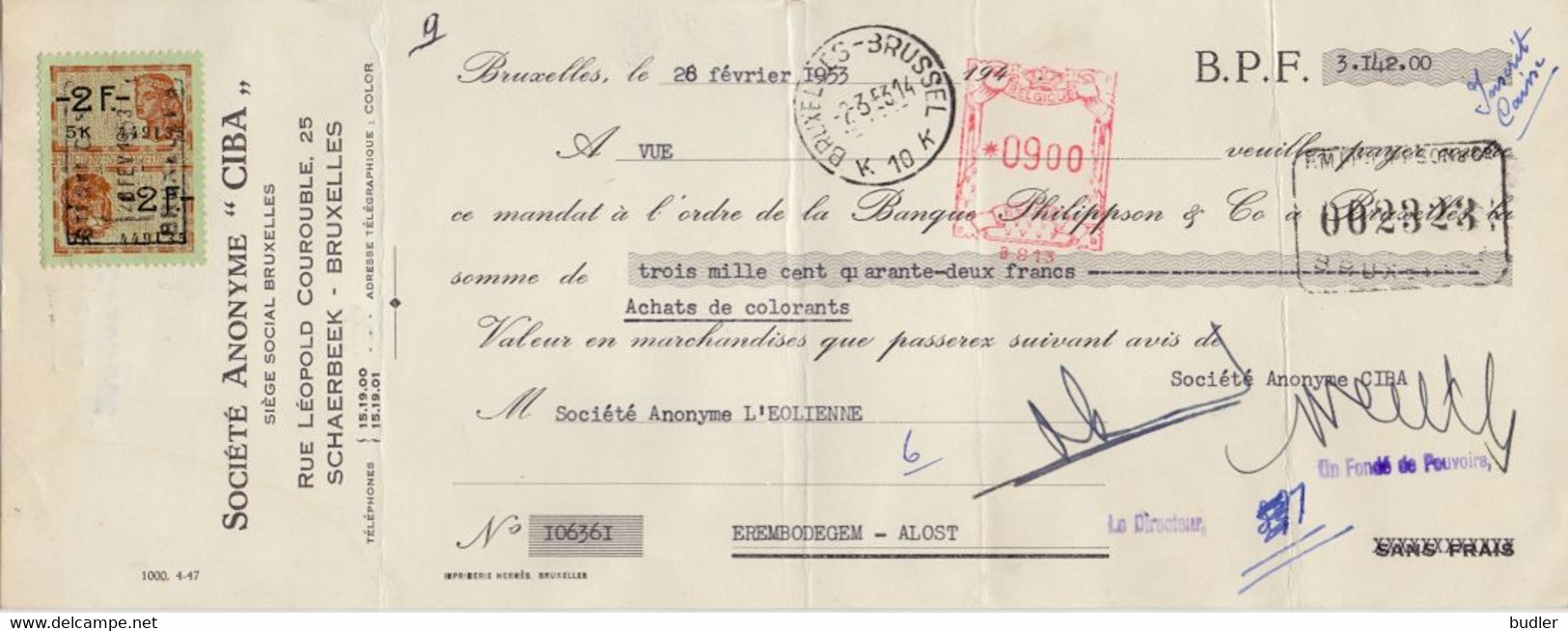 BELGIË/BELGIQUE :1953: Bankwissel Van/Traite Bancaire De  ##S.A. CIBA, Rue Léopold Courouble, 25, SCHAERBEEK## - Profumeria & Drogheria