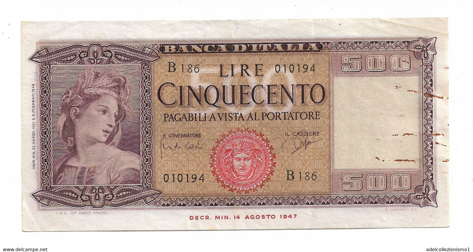29620) 500 LIRE ITALIA ORNATA DI SPIGHE MEDUSA DECR 23 MARZO 1961- - 500 Lire