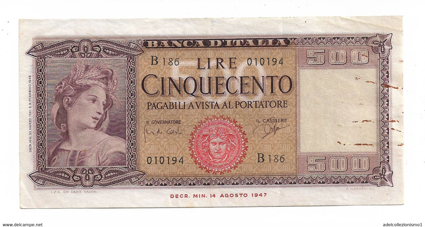 29620) 500 LIRE ITALIA ORNATA DI SPIGHE MEDUSA DECR 23 MARZO 1961- - 500 Liras