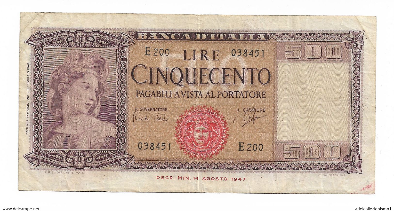 29642) 500 LIRE ITALIA ORNATA DI SPIGHE MEDUSA DECR 23 MARZO 1961- - 500 Liras