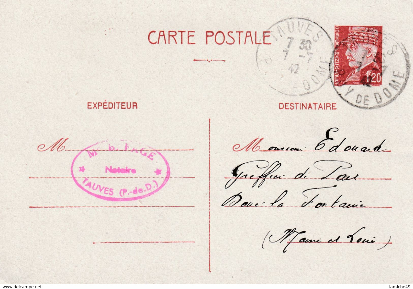 Carte Postale Entier Postal Maréchal Petin 1f 20 Marron ( Guerre 1939.45 ) DOUE LA FONTAINE à TAUVES - Cartes Postales Repiquages (avant 1995)