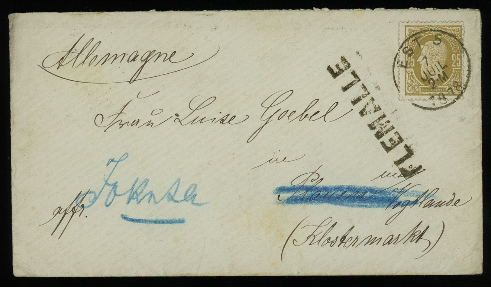 Belgium 1878 Cover To Germany With 25c (COB 32), BUREAU AMBULANT EST 5 (COBA RR), Flemalle Single-line Postmark - 1869-1883 Léopold II