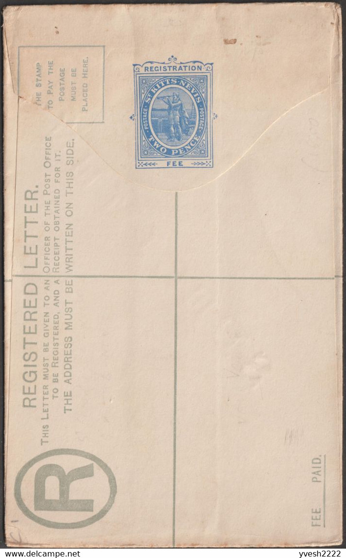 St Kitts 1903. Entier Postal Specimen. Erreur, Christophe Colomb Regarde Dans Une Lunette Alors Inexistante - Oddities On Stamps