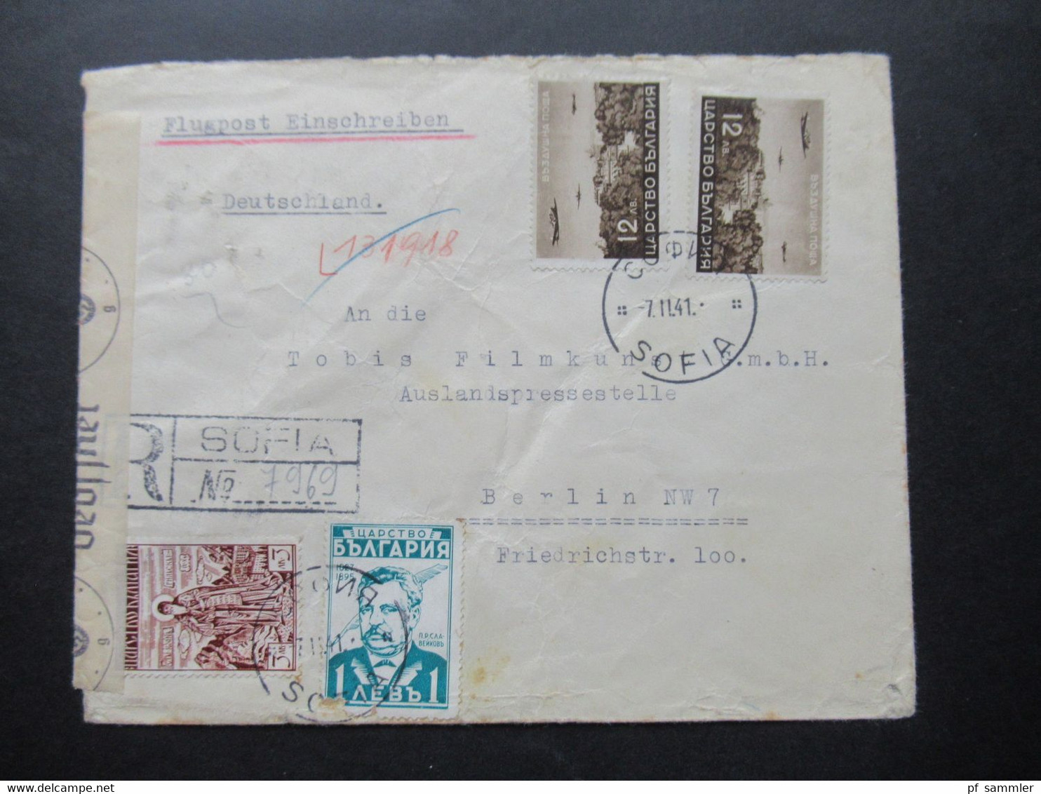 Bulgarien 1941 Luftpost Nr. 382 Flugzeuge Und Landschaften MiF OKW Zensur / Mehrfachzensur Einschreiben Sofia - Brieven En Documenten