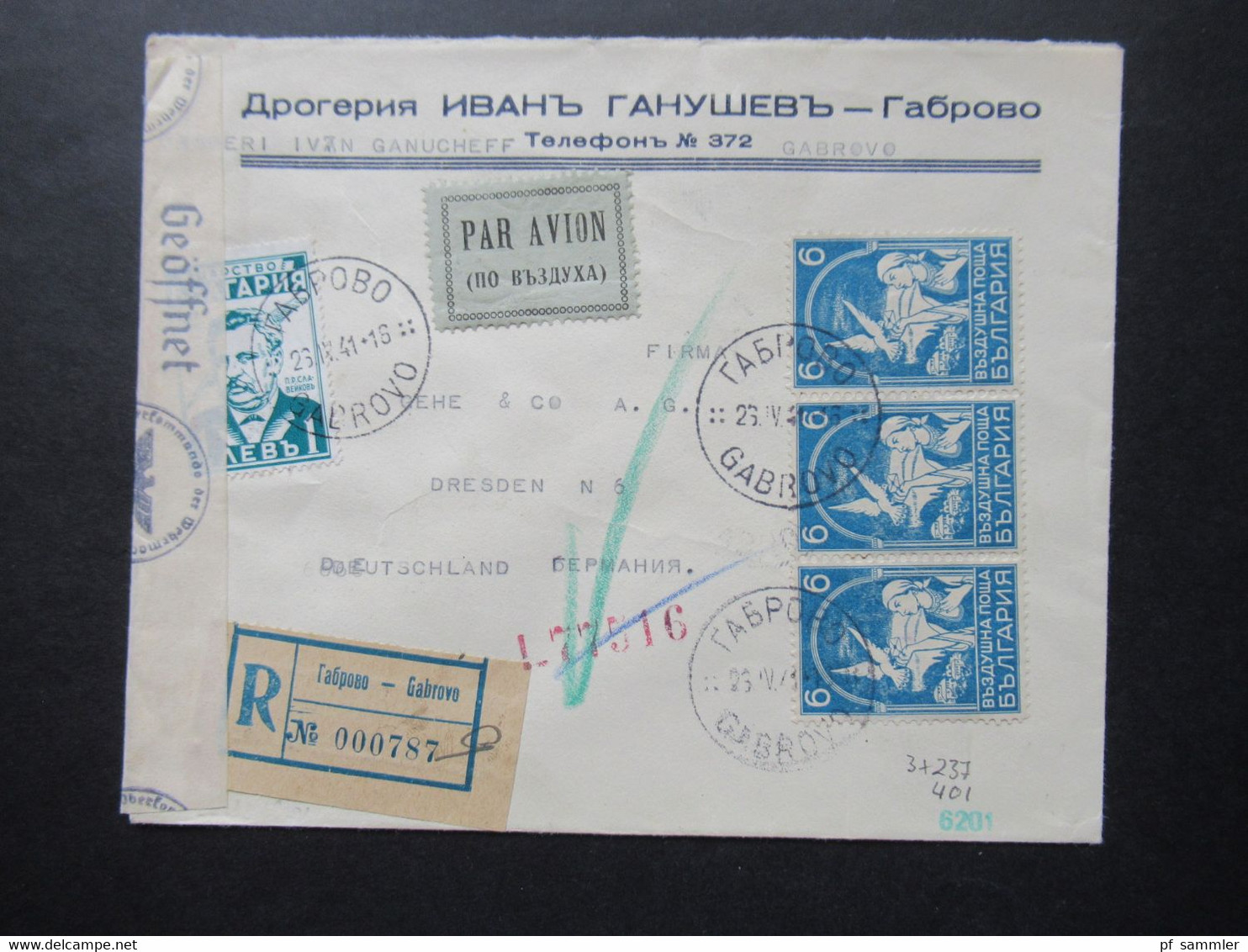 Bulgarien 1941 Brieftaube Nr. 237 Luftpost OKW Zensur / Mehrfachzensur Einschreiben Gabrovo Zensurstempel L77516 - Brieven En Documenten