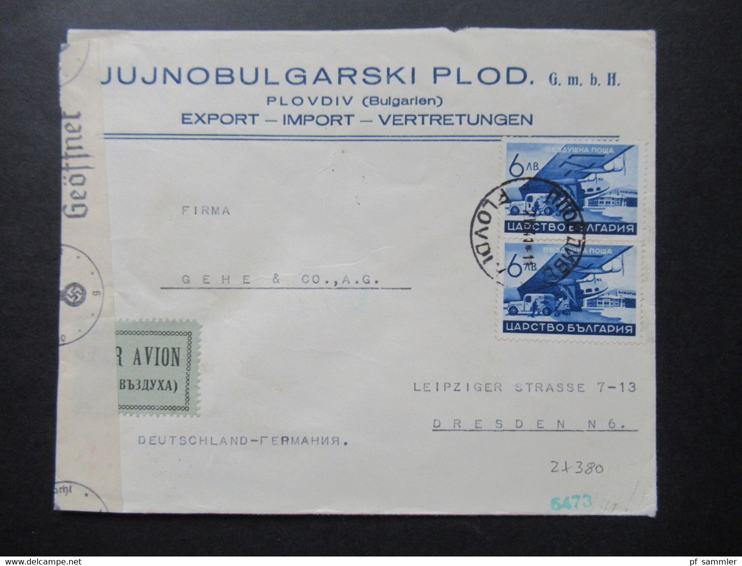 Bulgarien 1940 Luftpost OKW Zensur / Mehrfachzensur Flugzeuge Und Landschaften Nr. 380 (2) MeF Plovdiv - Dresden - Lettres & Documents