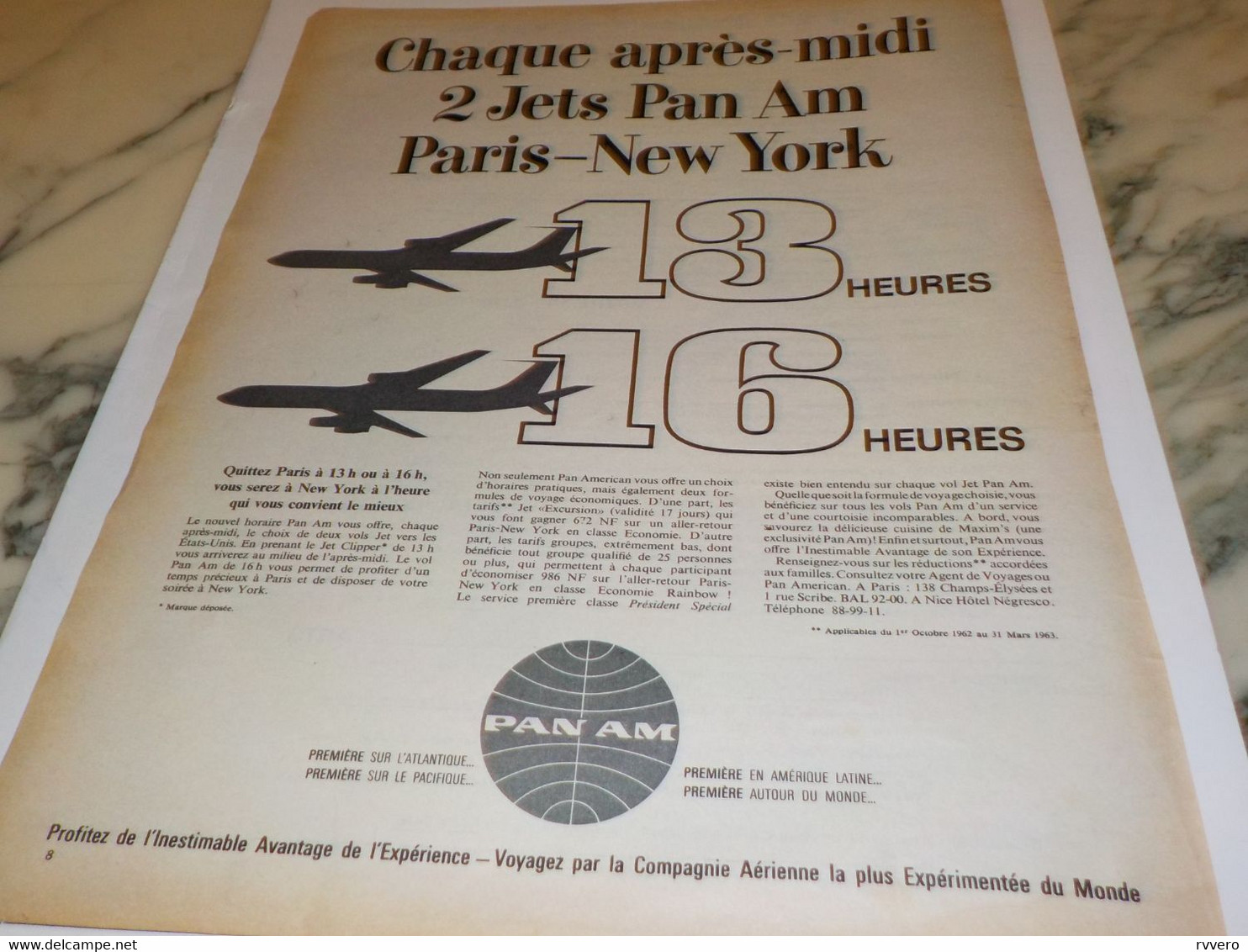 ANCIENNE PUBLICITE VOYAGE PARIS NEW YORK AVEC PAN AM   1962 - Publicités