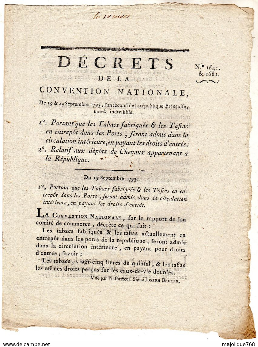 Decret De La Convention Nationale, Du 19 & 29 Septembre 1793, L'an 2 De La République Française, Une & Indivisible. - Décrets & Lois