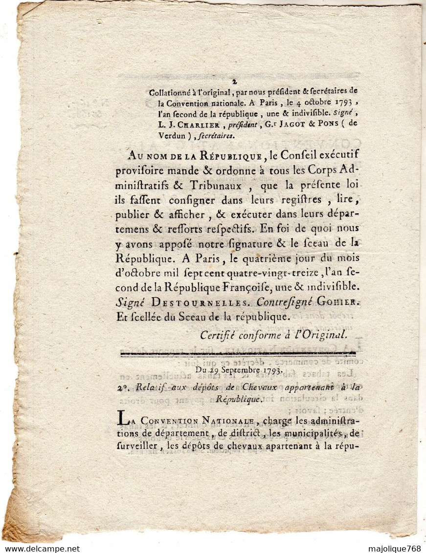 Decret De La Convention Nationale, Du 19 & 29 Septembre 1793, L'an 2 De La République Française, Une & Indivisible. - Décrets & Lois