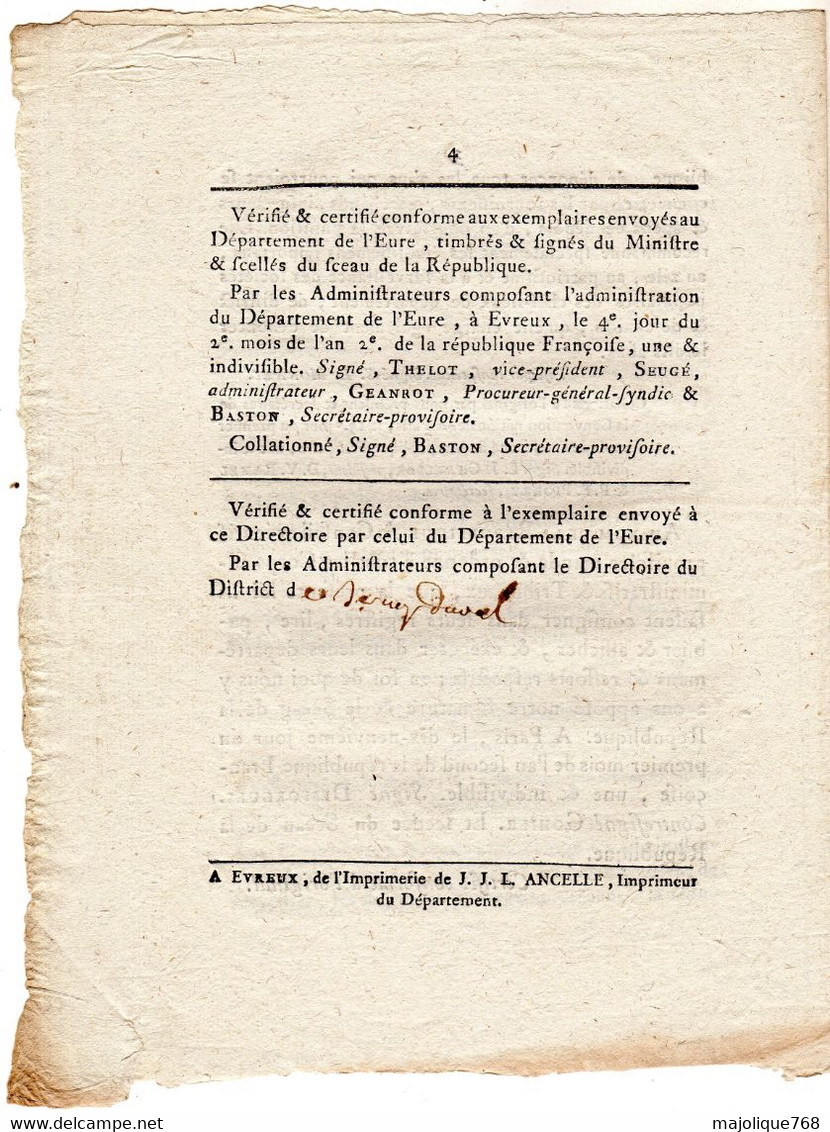 Decret De La Convention Nationale, Du 19 & 29 Septembre 1793, L'an 2 De La République Française, Une & Indivisible. - Décrets & Lois