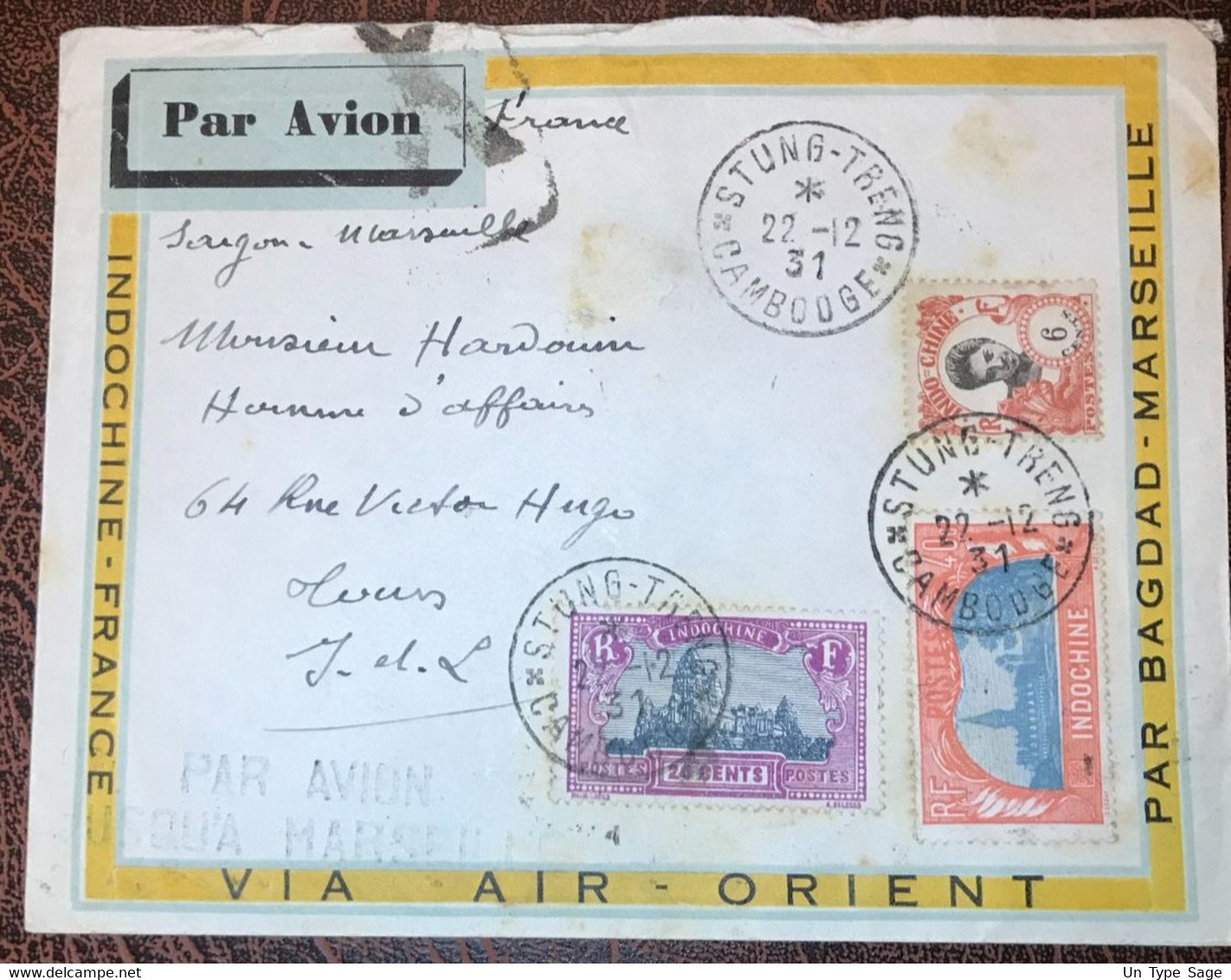 Indochine, Divers Sur Enveloppe (AIR ORIENT) De STUNG-TRENG, Cambodge 22.12.1931 - (B2332) - Lettres & Documents