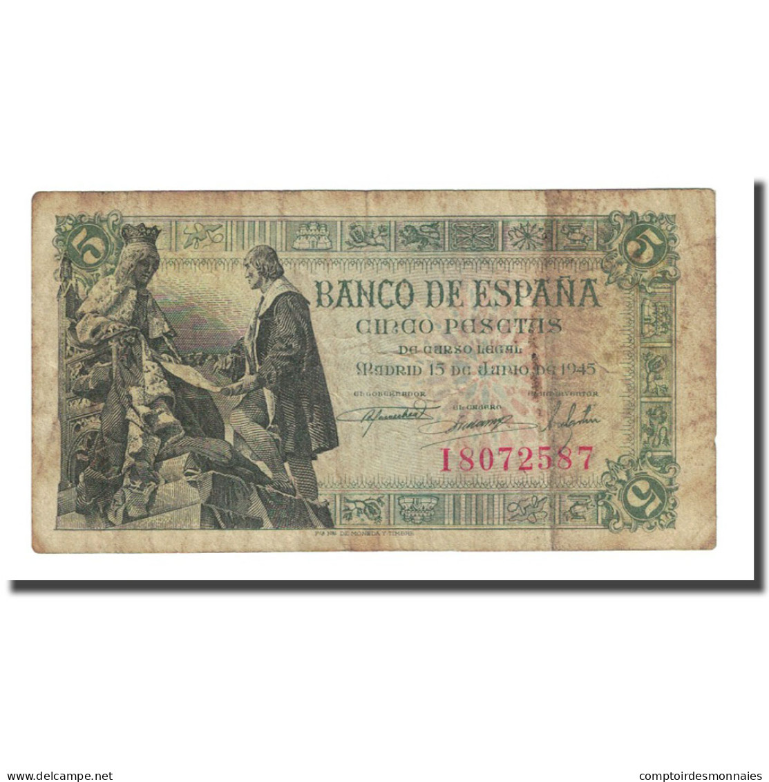 Billet, Espagne, 5 Pesetas, 1945-06-15, KM:129a, TB - 5 Pesetas