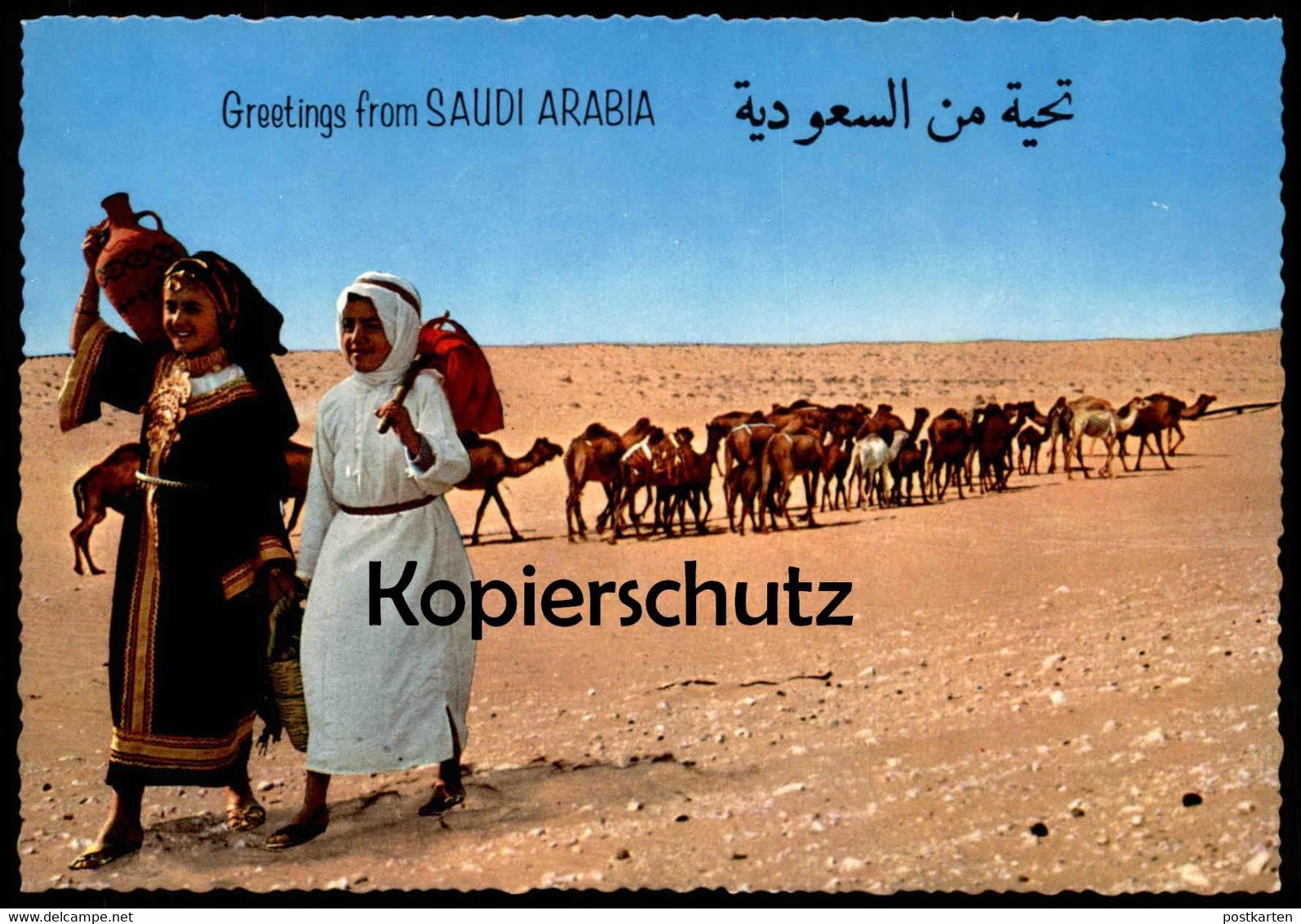 ÄLTERE POSTKARTE GREETINGS FROM SAUDI ARABIA Women In Tradtional Costume Camels Tracht Kamele Arabien Cpa Postcard AK - Saudi-Arabien