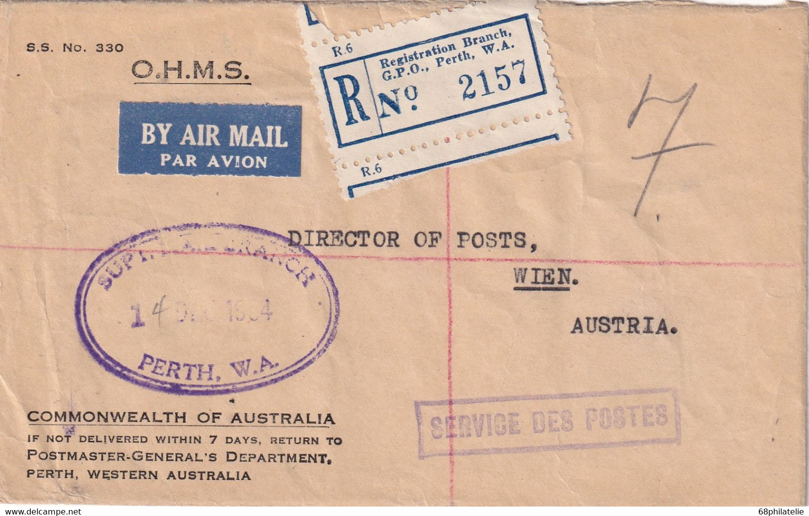 AUSTRALIE 1954 LETTRE RECOMMANDEE DE PERTH AVEC CACHET ARRIVEE WIEN - Sonstige & Ohne Zuordnung