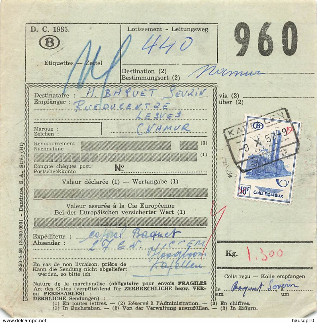 Belgien Bahnpost Spoorweg , Spoorwegdoc 1957 Kapellen - Other & Unclassified