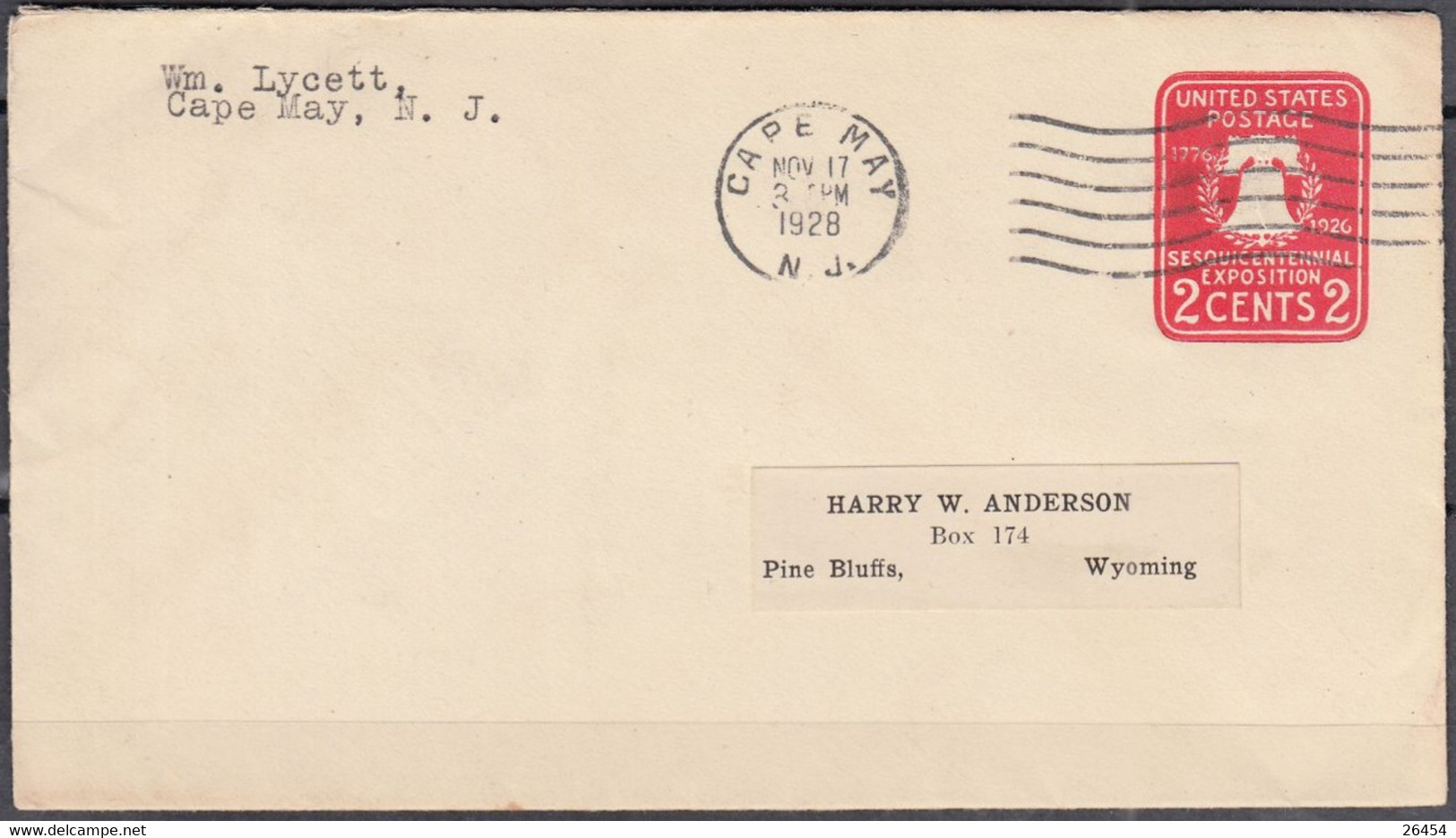 U.S.A  Entier 2c Sur Enveloppe  De CAPE MAY New Jersey Posté Le 17 Nov 1928 Pour PINE BLUFFS Wyoming Nebraska - 1921-40