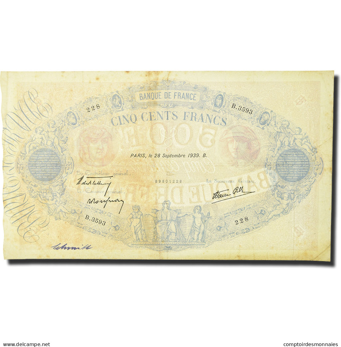 France, 500 Francs, 1939-09-28, TB+, Fayette:31.41, KM:88c - 500 F 1888-1940 ''Bleu Et Rose''