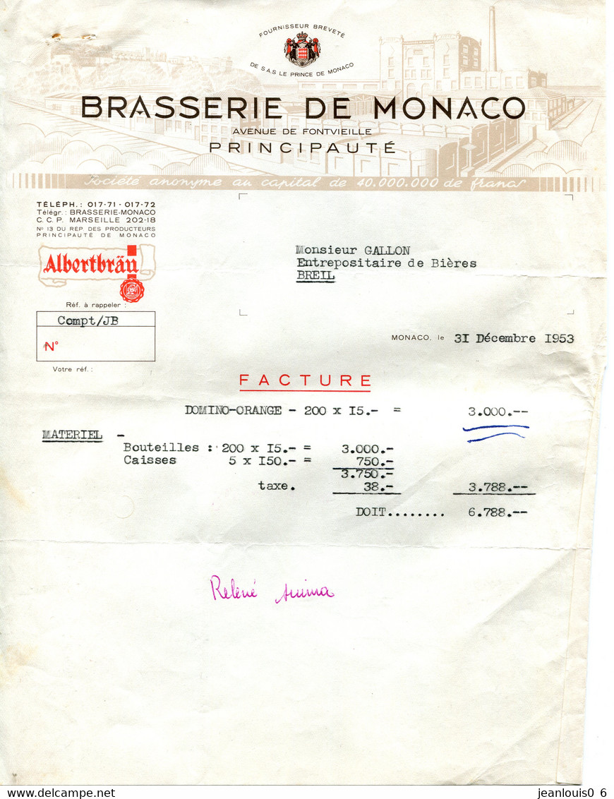 Facture De La Brasserie De Monaco De 1953 - Invoices