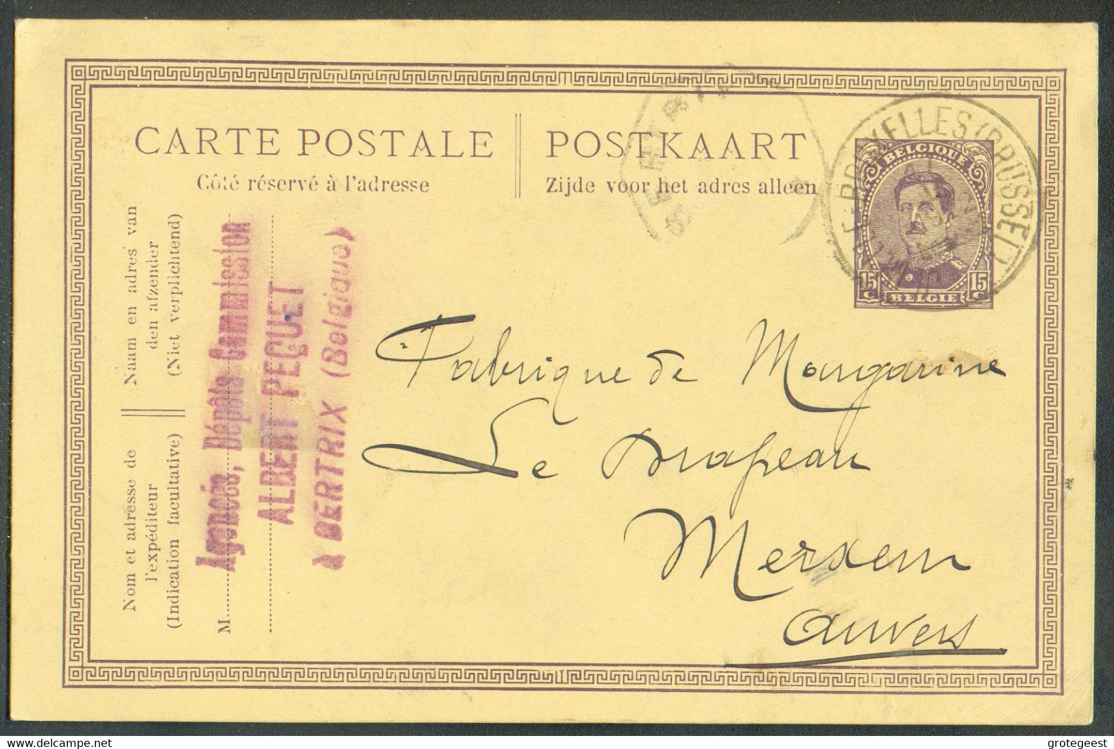 En Provenance De BERTRIX * (cachet Tél) E.P. Carte 15 Centimes Em. 1915, Obl; Sc AMBULANT JEMELLE-BRUXELLES (BRUSSEL) du - Ambulants