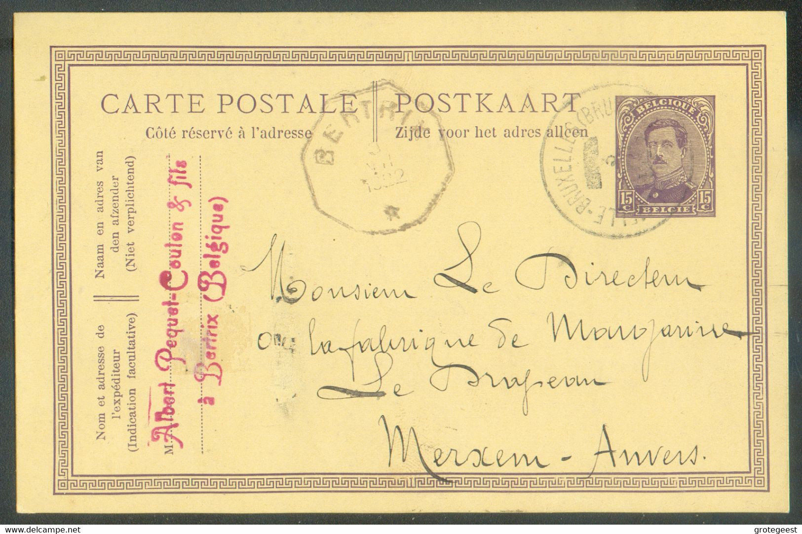 En Provenance De BERTRIX * (cachet Tél) E.P. Carte 15 Centimes Em. 1915, Obl; Sc AMBULANT JEMELLE-BRUXELLES (BRUSSEL) du - Ambulants