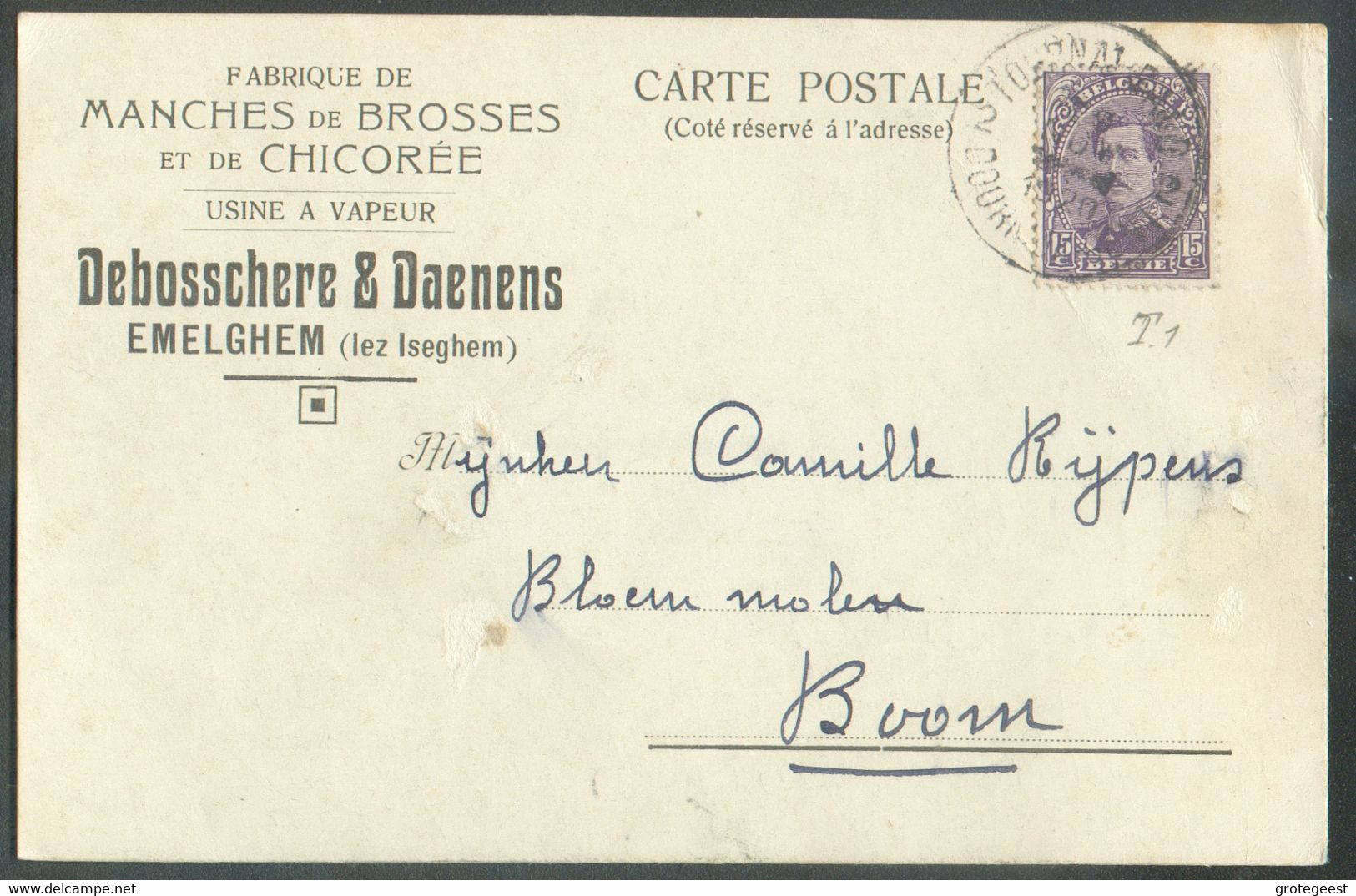 AMBULANT E.P. Carte 15 Centimes Em. 1915, obl; Sc AMBULANT TOURNAI-GAND 2 - DOORNIK-GENT du 20 Novembre 1920 Vers Boom- - Ambulanti
