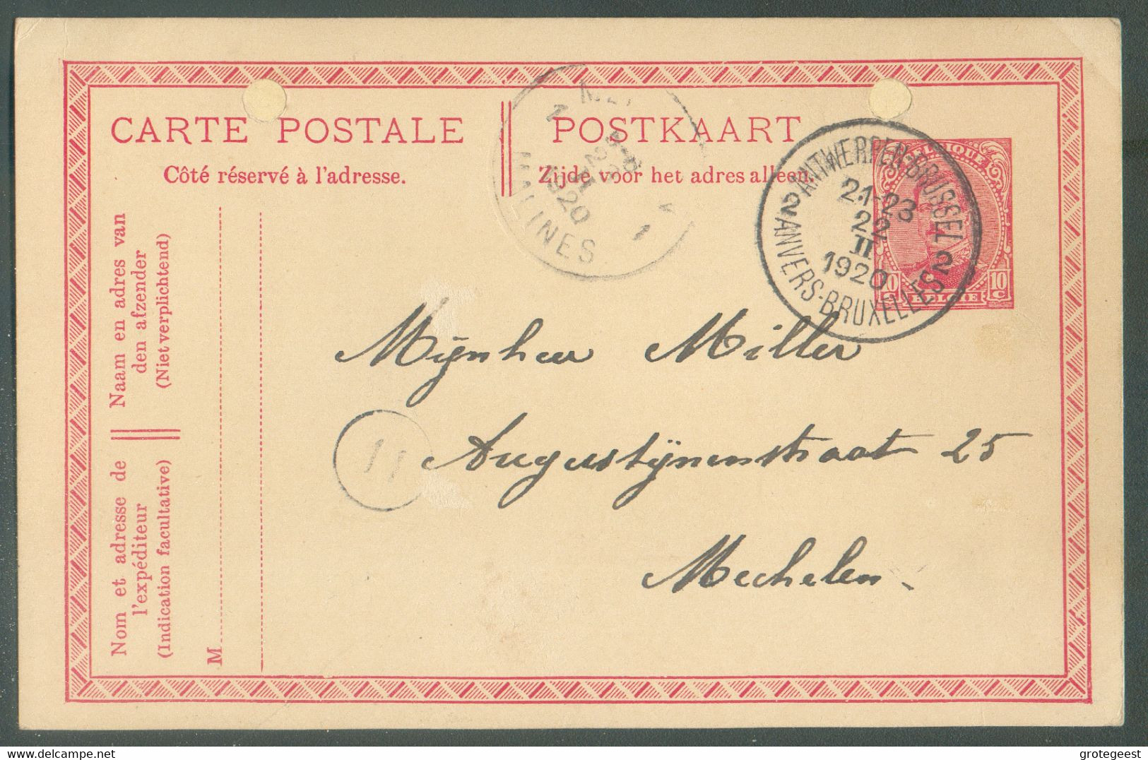 AMBULANT E.P. Carte 10 Centimes Em. 1915, Obl; Sc AMBULANT ANTWERPEN-BRUSSEL 2 ANVERS-BRUXELLES du 22-II-920 Vers Mechel - Ambulants