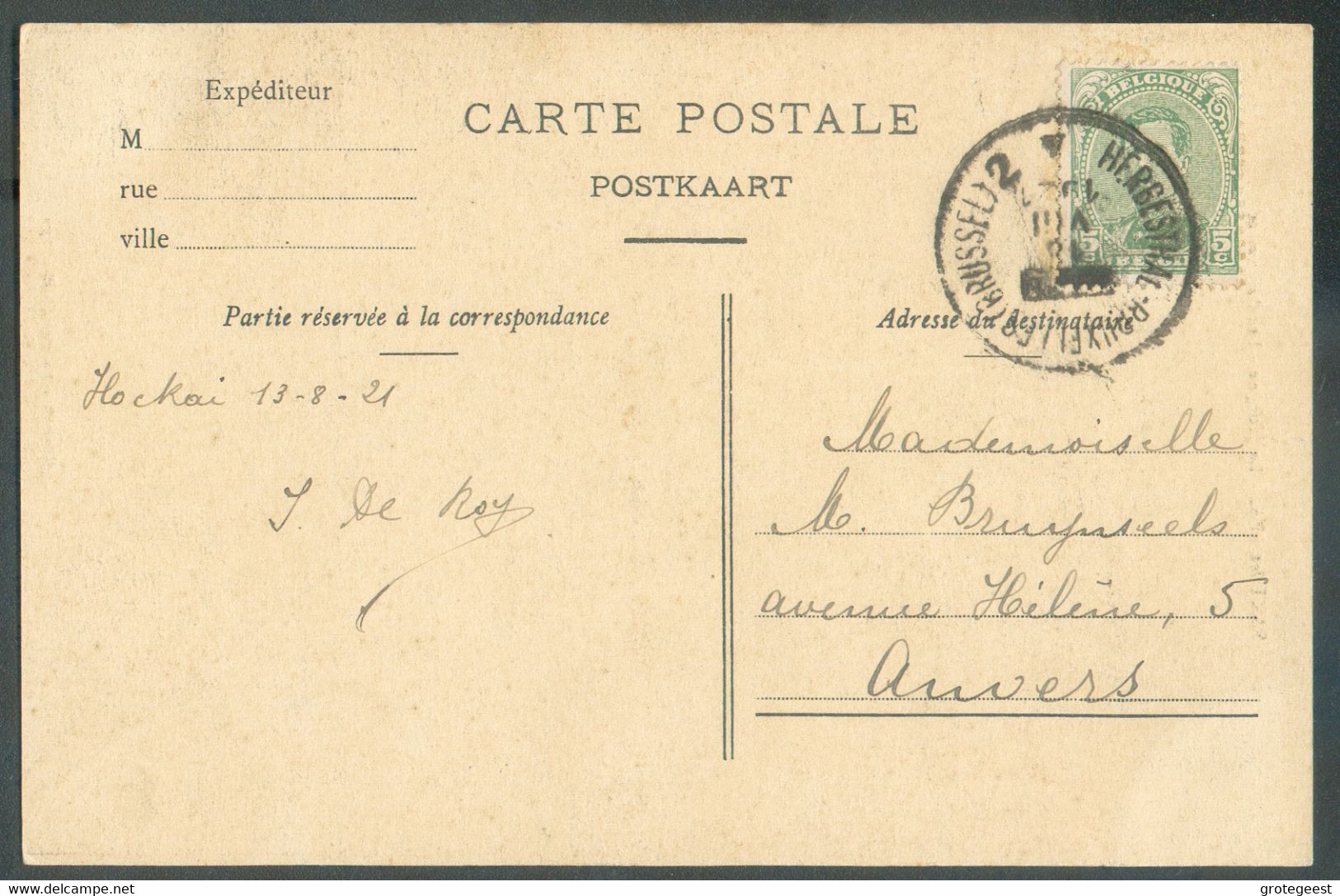 AMBULANT N°137 - 5 Centimes Em. 1915, obl; Sc AMBULANT HERBESTHAL-BRUXELLES (BRUSSEL) 2 sur Carte Du 18-VIII-1921 Vers A - Ambulants