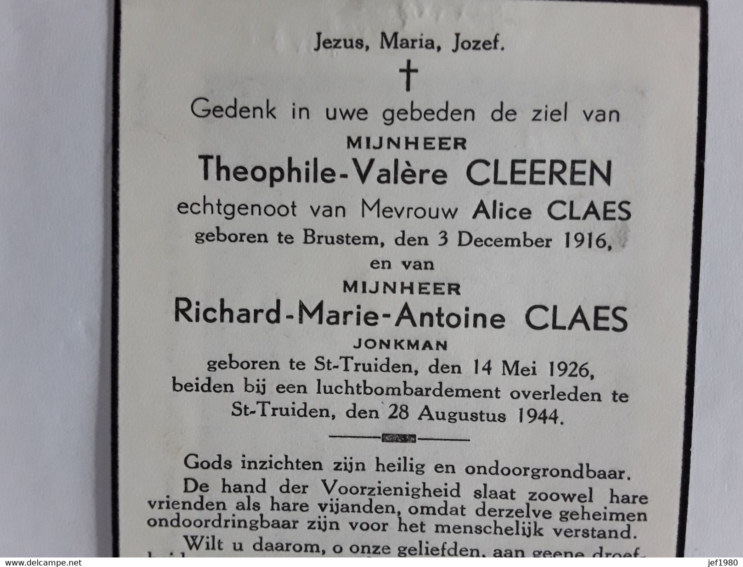 DOODSPRENJE THEOPHILE CLEEREN EN RICHARD CLAES BEIDEN BIJ EEN LUCHTBOMBARDEMENT OVERLEDEN ST TRUIDEN 1944 - Santini