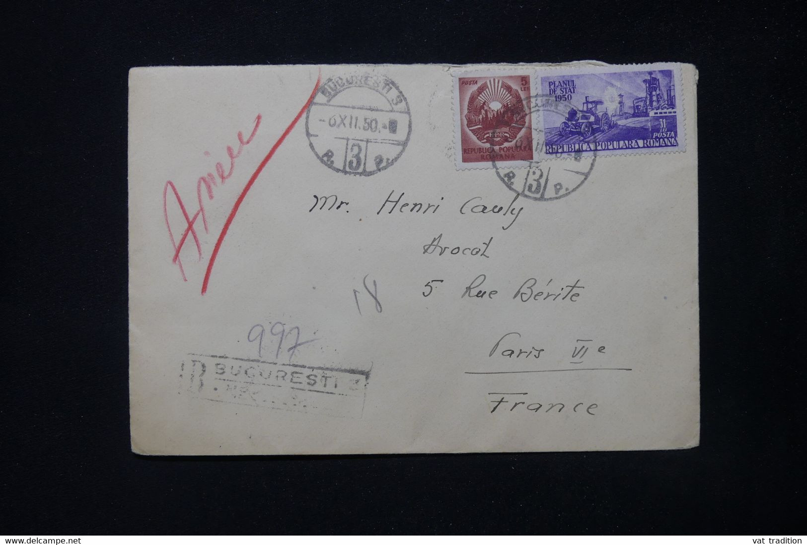 ROUMANIE - Enveloppe De Bucarest En Recommandé Pour La France En 1950, Affranchissement Recto Et Verso - L 84486 - Cartas & Documentos