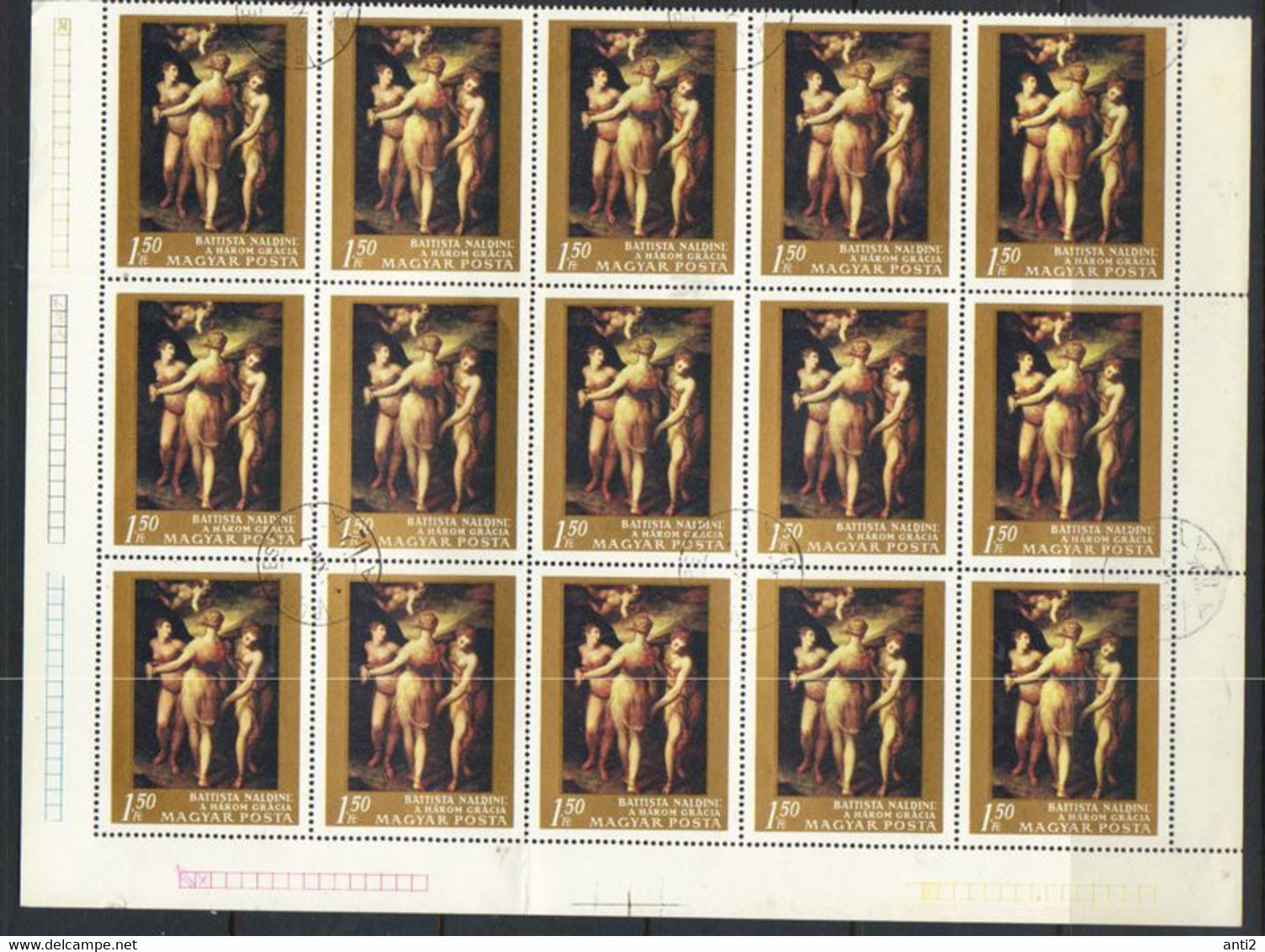 Hungary 1968 Painting The Three Graces;  Giovanni Battista Naldini  M 2468 In Half A Sheet 15 Stamps     Cancelled - Autres & Non Classés