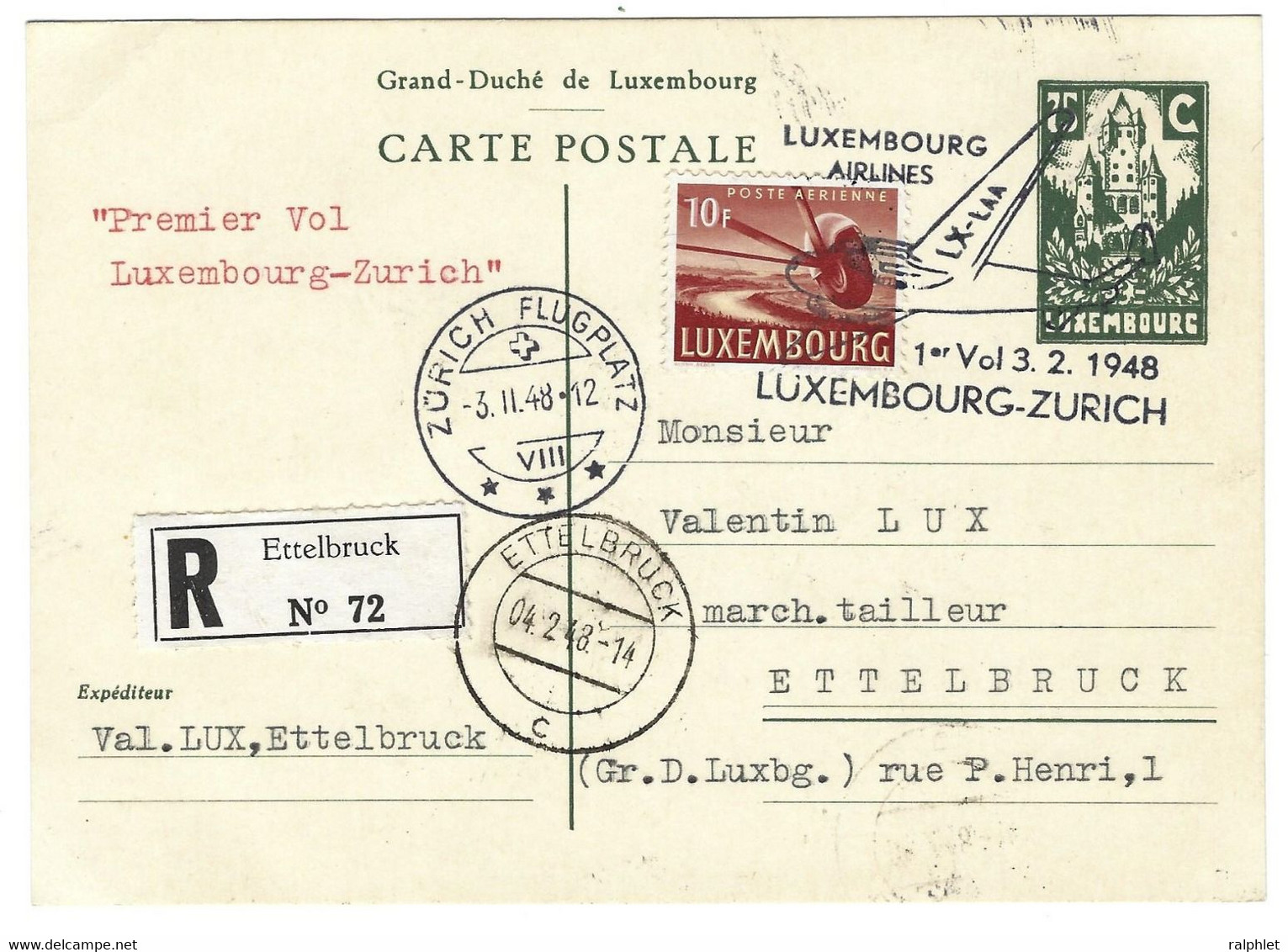 Luxembourg 1948 Vol Postal Zurich ¦ Postal Flight ¦ Flugpost - Covers & Documents