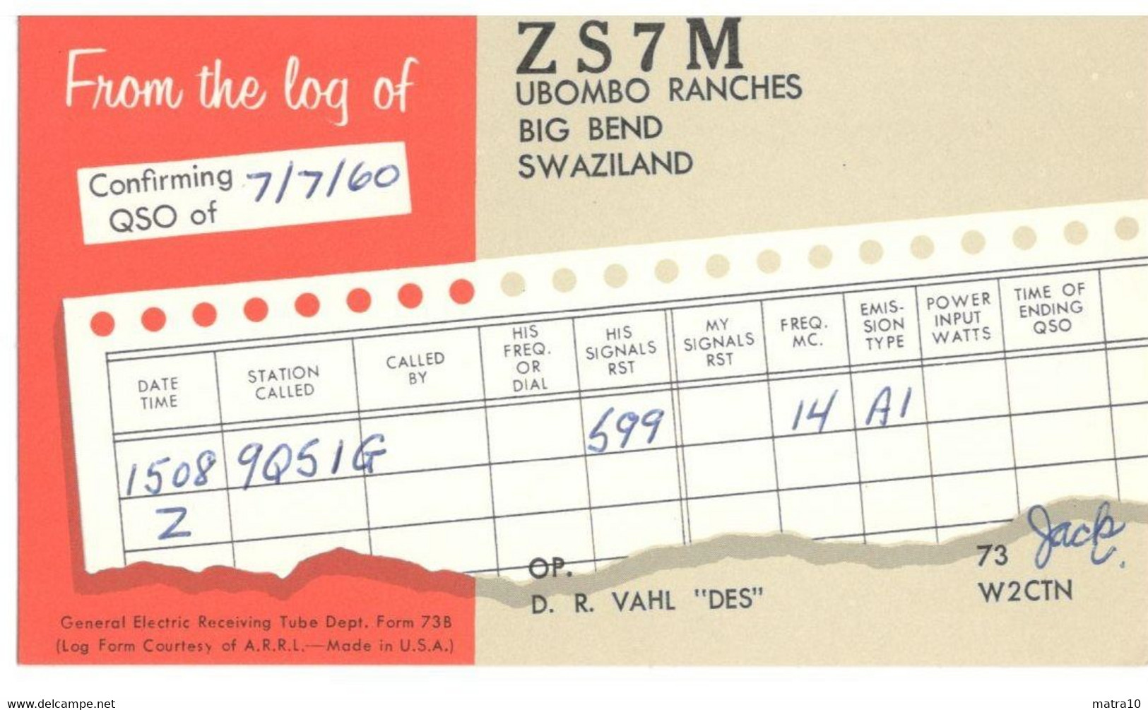 CARTE QSL CARD 1960 RADIOAMATEUR HAM RADIO ZS-7  SWAZILAND UBOMBO RANCHES BIG BEND VIA QSL MANAGER AMITYVILLE NEW YORK - Swaziland