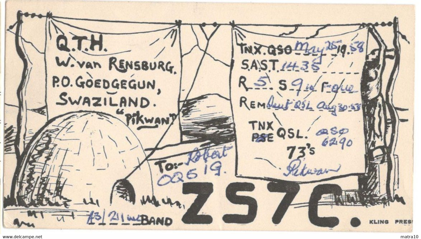 CARTE QSL CARD 1958 RADIOAMATEUR HAM RADIO ZS-7  SWAZILAND GOEDGEGUN POSTAL MARK SWAZI COURTING COUPLE TO BELGIAN CONGO - Swaziland