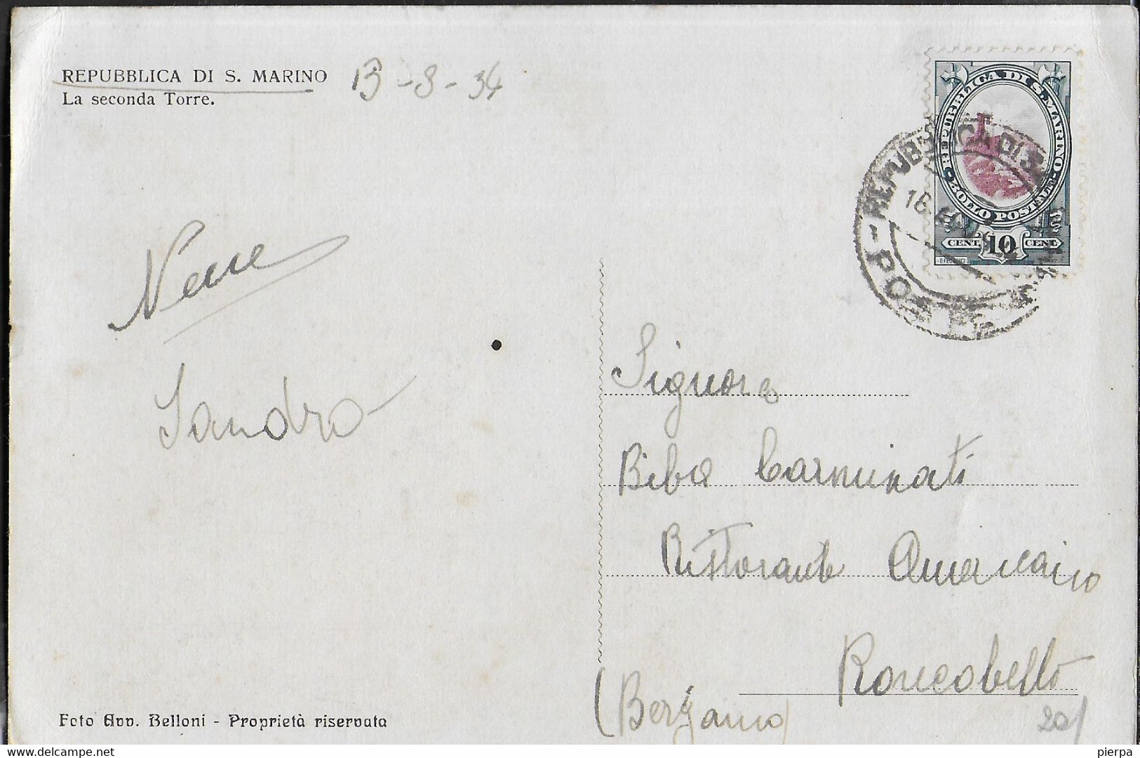 SAN MARINO - PALAZZO DEL CONSIGLIO CENT 10 ISOLATO SU CARTOLINA 16.8.1934 SU CARTOLINA ILLUSTRATA - Cartas & Documentos