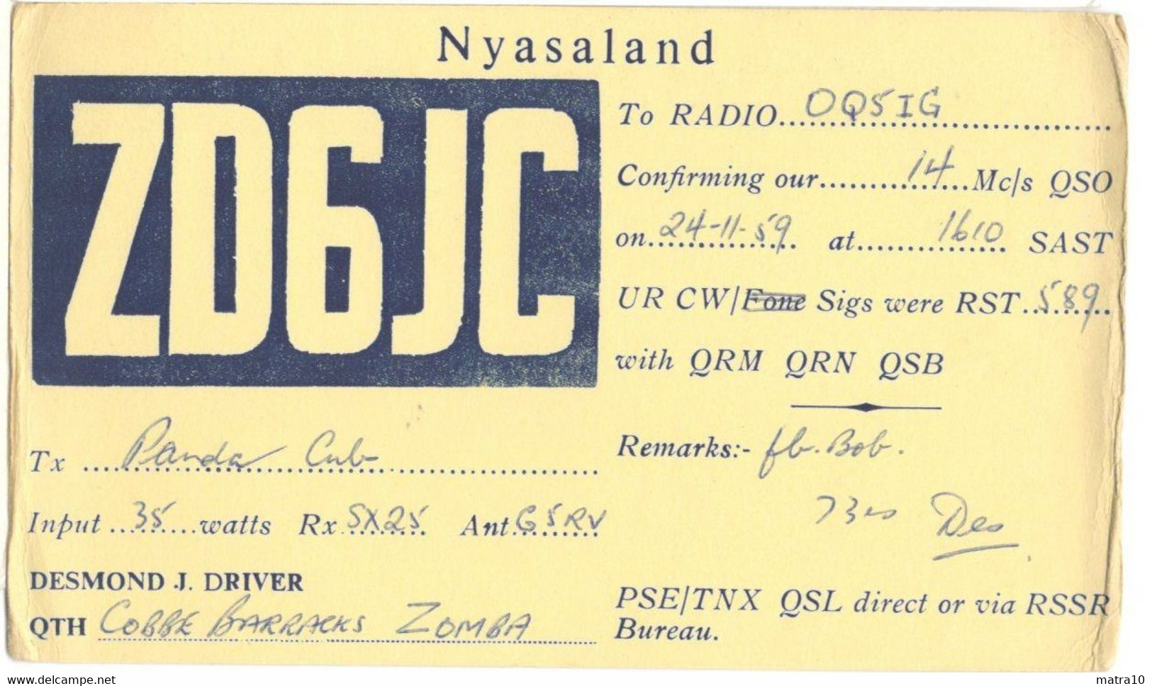 CARTE QSL CARD 1959 RADIOAMATEUR HAM RADIO ZD-6  NYASALAND MALAWI COBBE BARRACKS ZOMBA BRITISH COLONIES COLONIES - Malawi