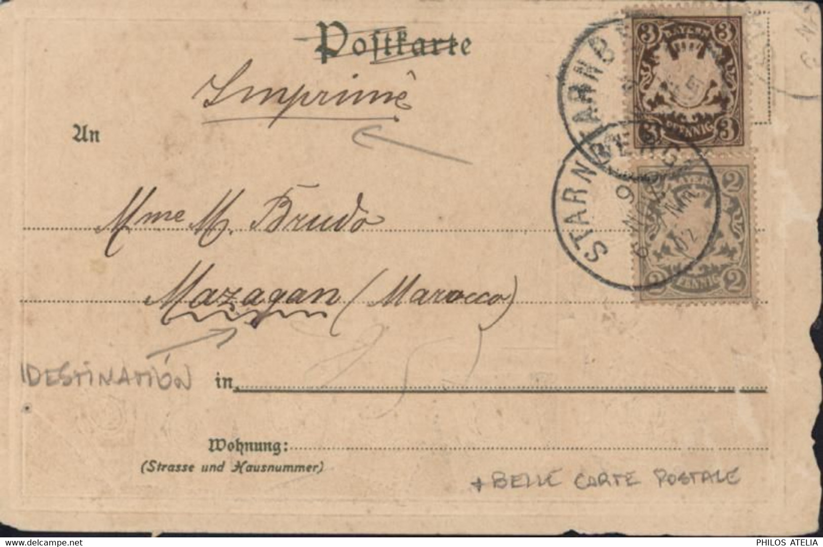 Allemagne CPA München Timbres Blason Dos YT 58 + 60 Bayern CAD Starnberg 9 NOV 02 Pour Le Maroc - Otros & Sin Clasificación