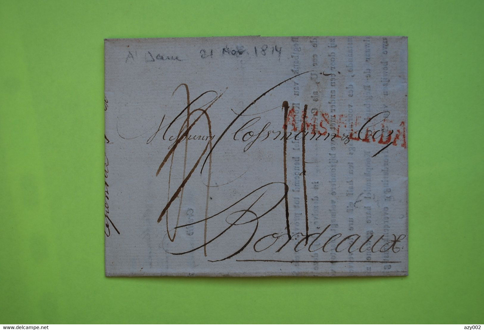 Lettre Du DANEMARK - Amsterdam Du 21 Novembre 1814 à Destination De BORDEAUX - Taxation "4" Rectifiée "11" - ...-1851 Prephilately