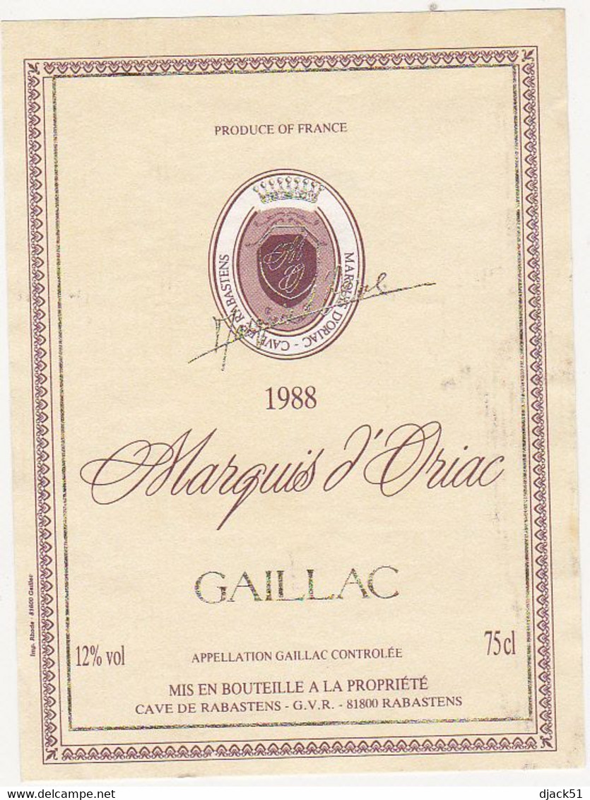 Etiquette GAILLAC Marquis D'Oriac - 1988 - Gaillac